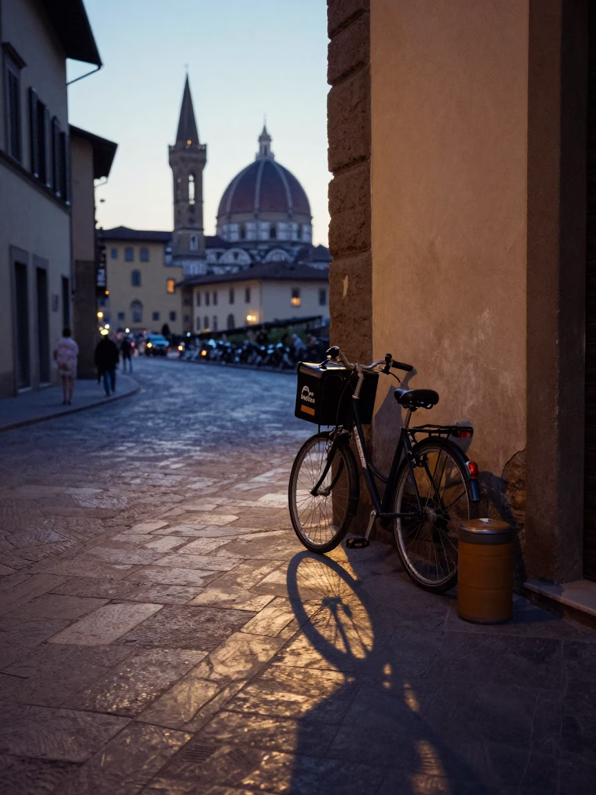 Pre-dawn Florence Street Scene with Wicker Shadow and Canister Set in in Florence, Italy
