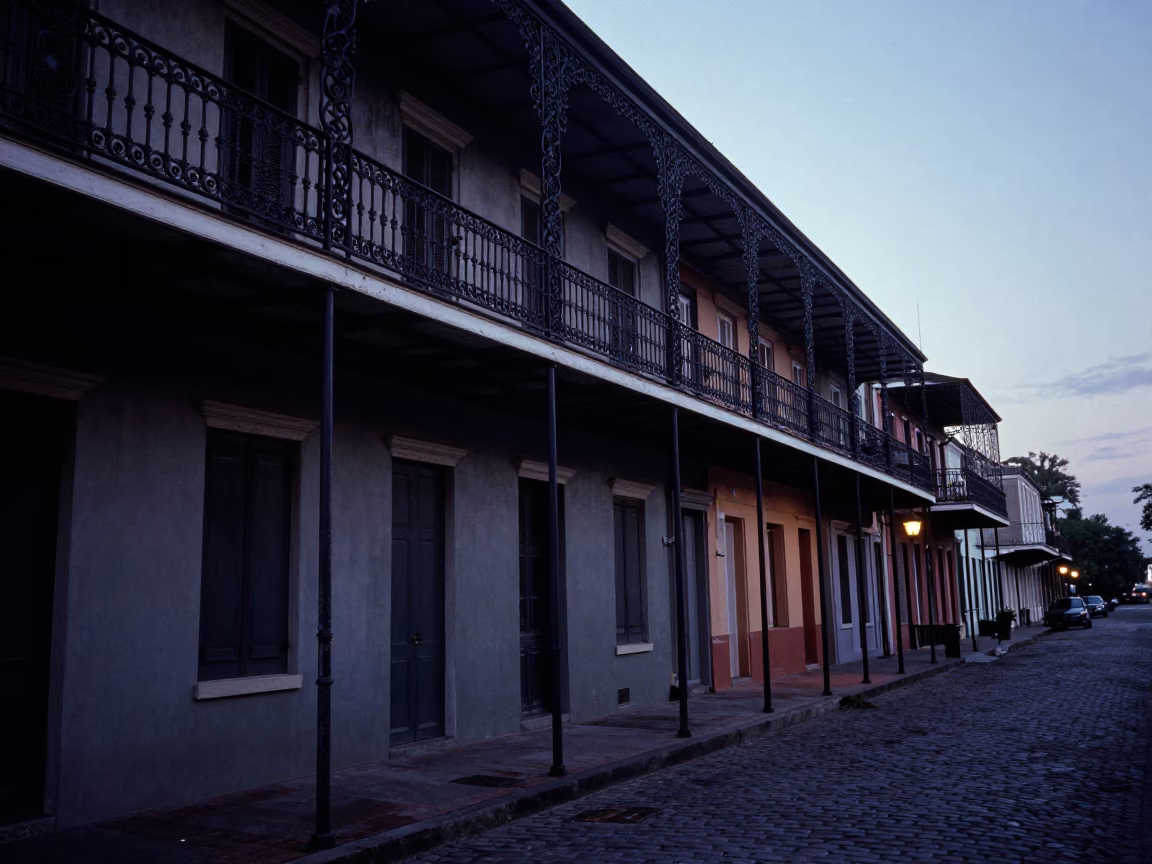 Pre-dawn French Quarter street photography with wrought iron balconies and historic architecture in in New Orleans, Louisiana, United States