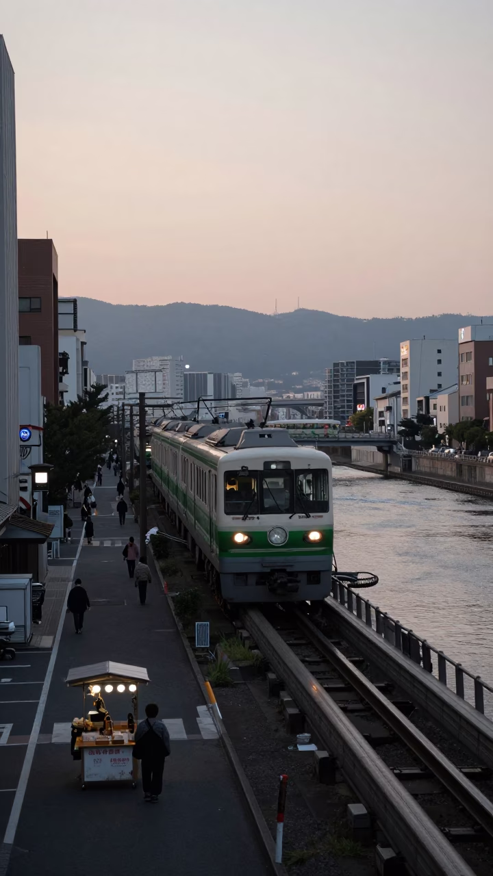 Pre-dawn Fukuoka Monorail Sweeping Over River with Street Vendor Selling Belgian Frites in in Fukuoka, Japan
