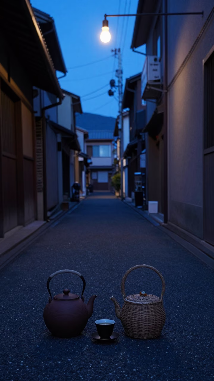 Pre-dawn Fukuoka street scene with clay teapot and wicker shadow in in Fukuoka, Japan