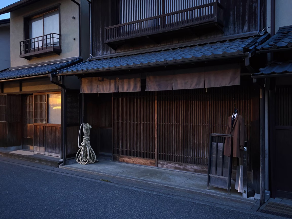 Pre-dawn Fukuoka street scene with coiled rope and coat stand near traditional storefront in in Fukuoka, Japan