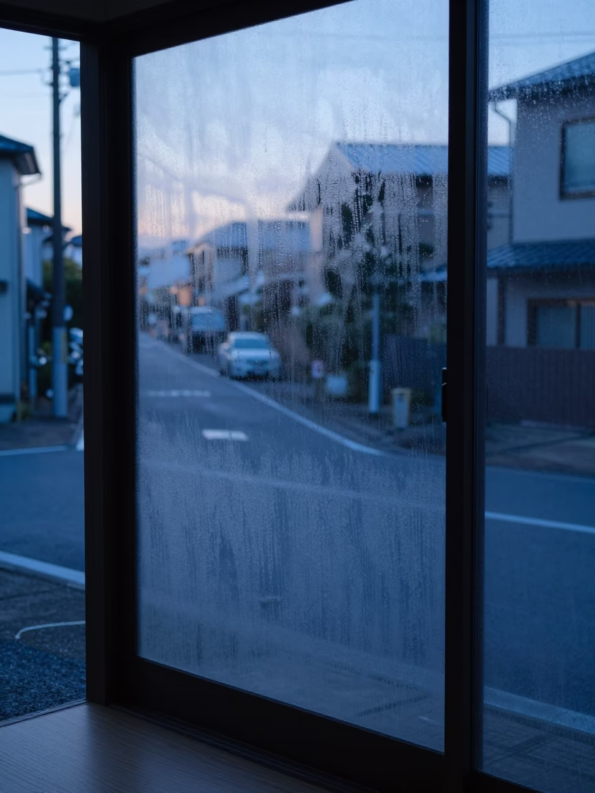 Pre-dawn Fukuoka Street Scene with Condensation on Glass and Nearby Slippers in in Fukuoka, Japan