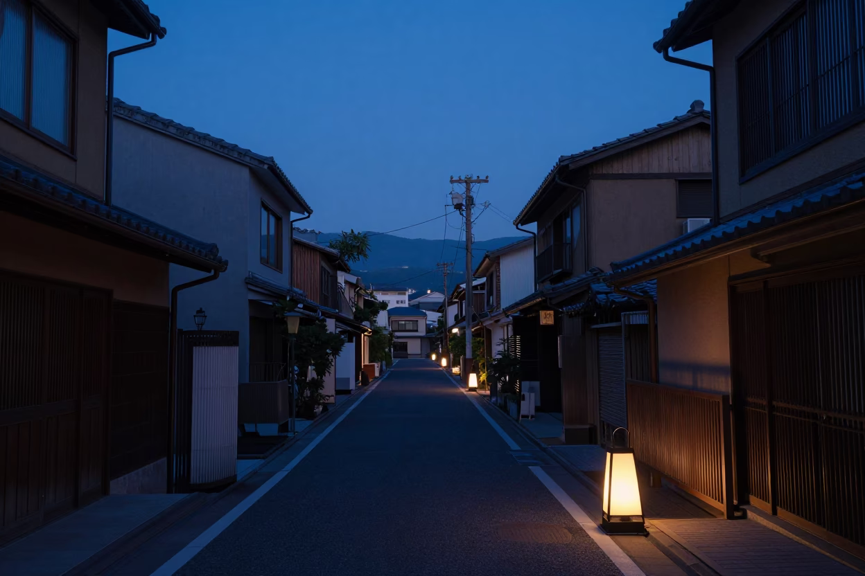 Pre-dawn Fukuoka Street Scene with Lantern and Whisky Tumbler in in Fukuoka, Japan
