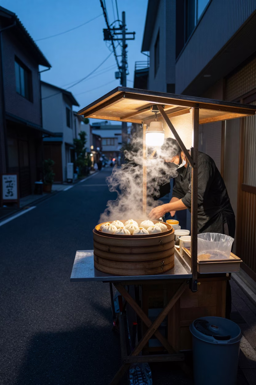 Pre-Dawn Fukuoka Street Vendor with Bamboo Steamer and Folding Chair in in Fukuoka, Japan