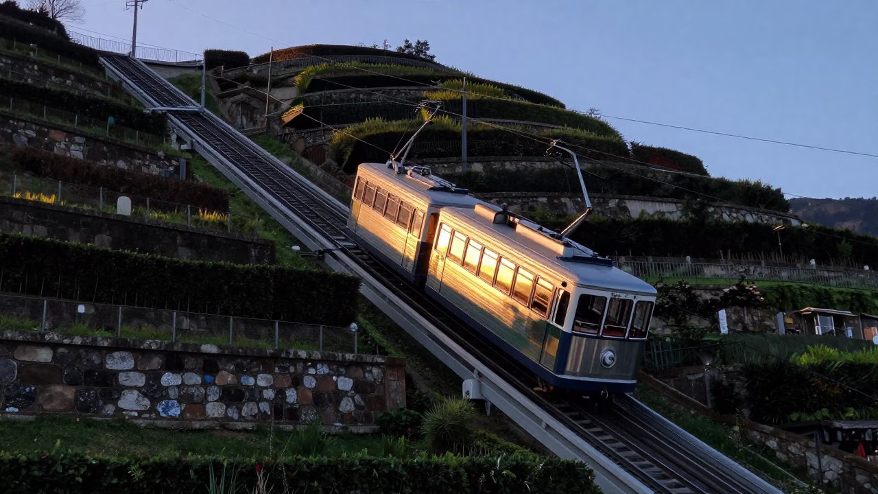 Pre-dawn Funicular Railway Ascent Through Terraced Greenery in Bilbao Spain Early Morning in in Bilbao, Spain