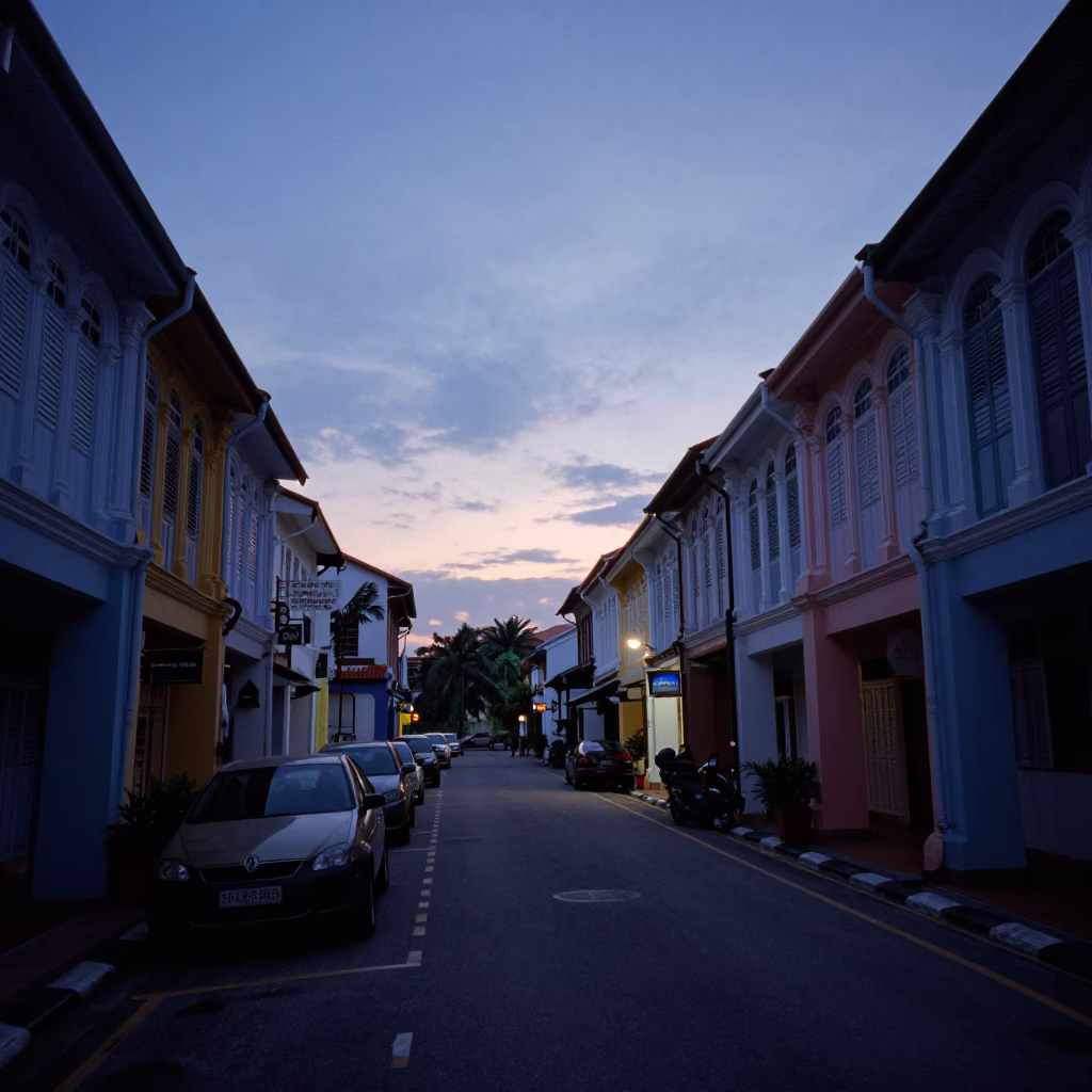 Pre-Dawn George Town Street Scene with Colorful Shophouses and Parked Motorcycle in in George Town, Malaysia
