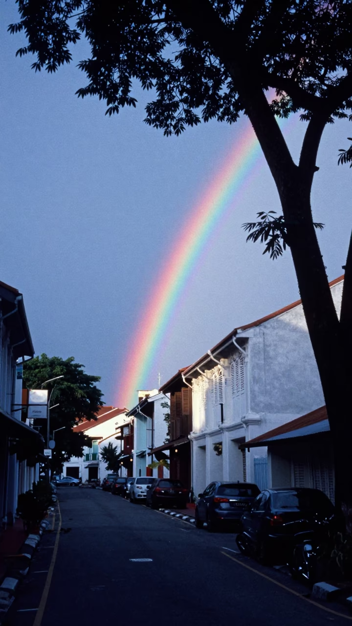 Pre-Dawn George Town Street Scene with Rainbow Eucalyptus and Morning Commuters in in George Town, Malaysia