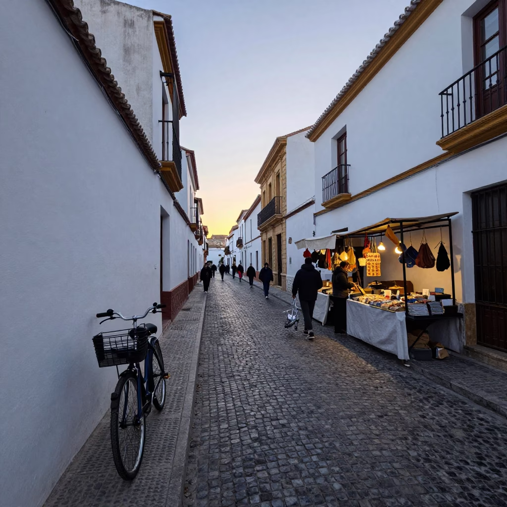 Pre-Dawn Granada Spain Street Scene with Bicycle and Market Stalls in in Granada, Spain