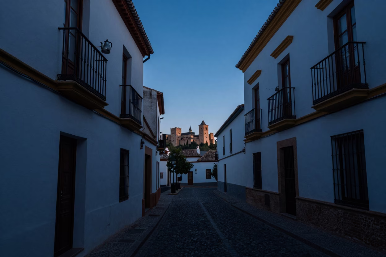 Pre-dawn Granada Spain Street Scene with Tea Kettle on Balcony Railing in in Granada, Spain