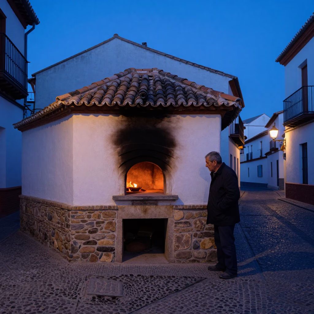Pre-dawn Granada Spain street scene with traditional bread oven and quiet morning light in in Granada, Spain