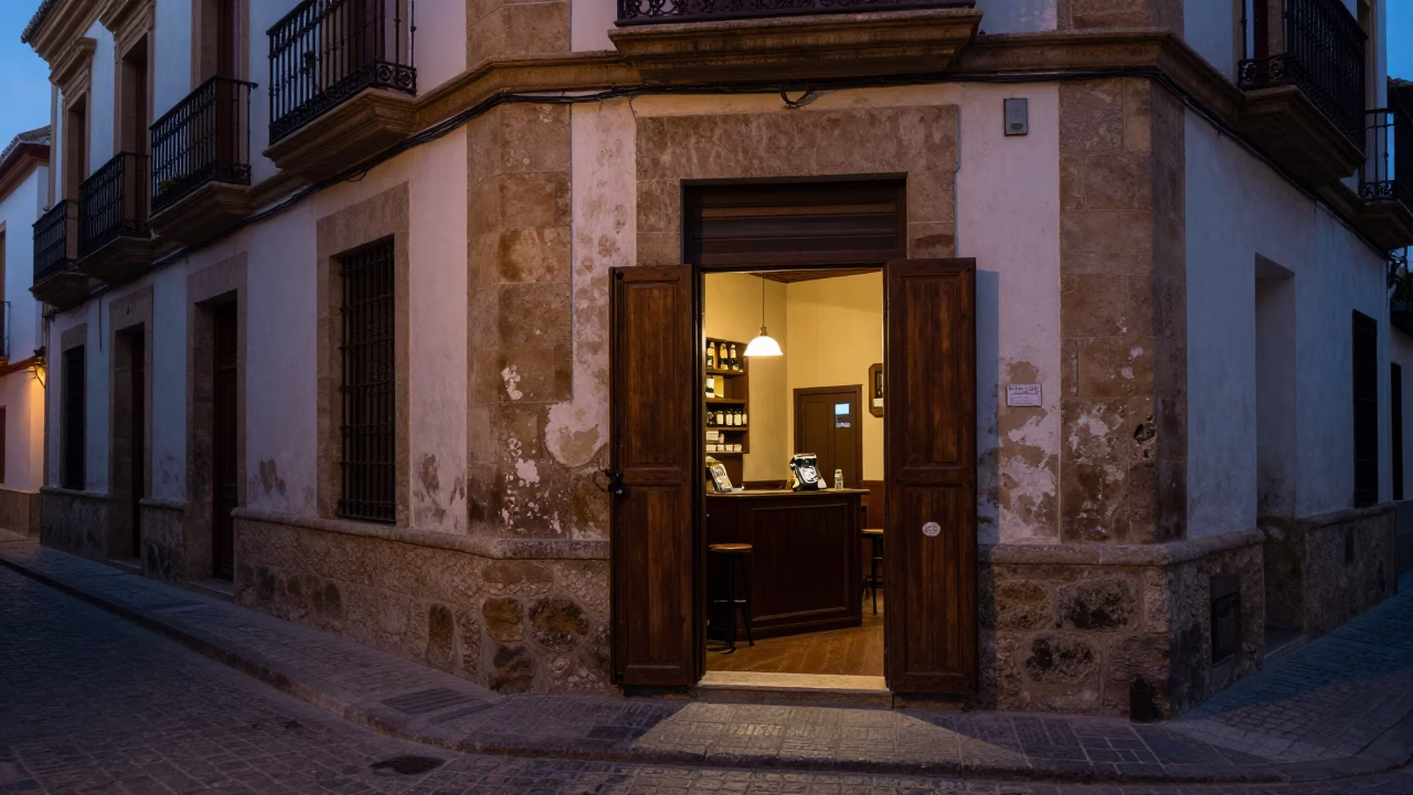 Pre-dawn Granada Spain street scene with vintage Bakelite telephone and salt spoon in in Granada, Spain