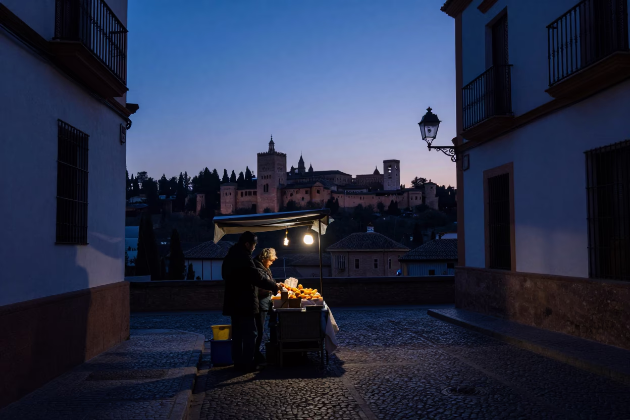 Pre-dawn Granada street scene with early market vendor and historic architecture in in Granada, Spain