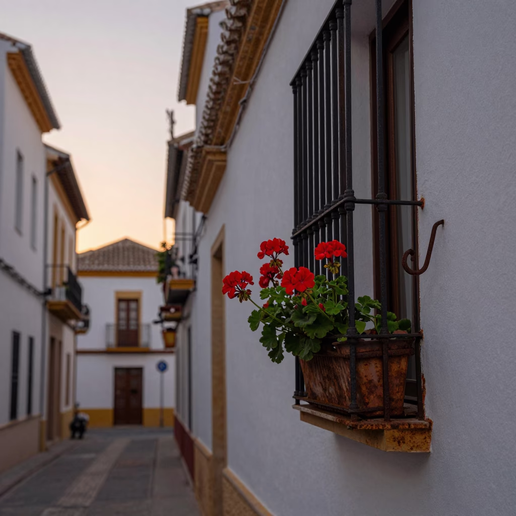 Pre-Dawn Granada Street Scene with Geraniums and Rusty Metal Details in in Granada, Spain