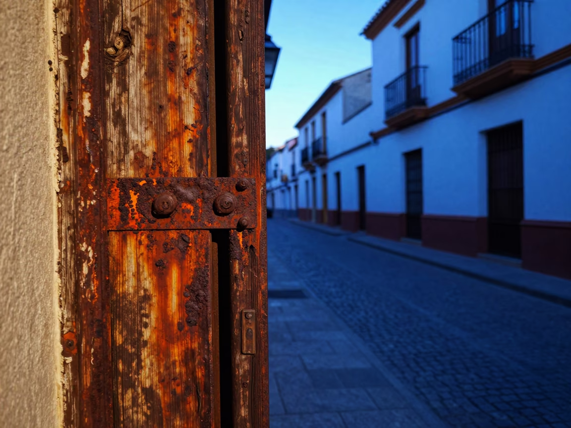 Pre-dawn Granada street scene with rusted doorframe and local morning activity in in Granada, Spain
