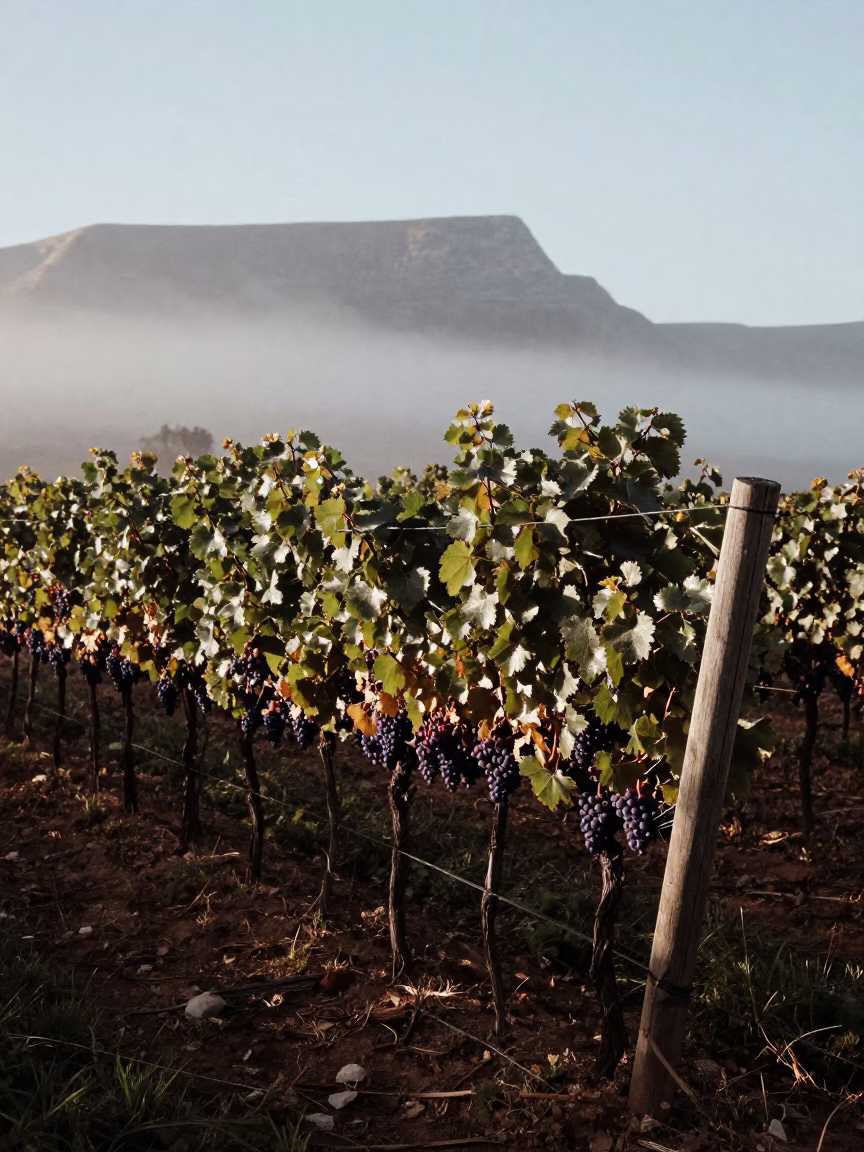 Pre-Dawn Grapevines Foggy Shadow Rim Light in near Pietermaritzburg