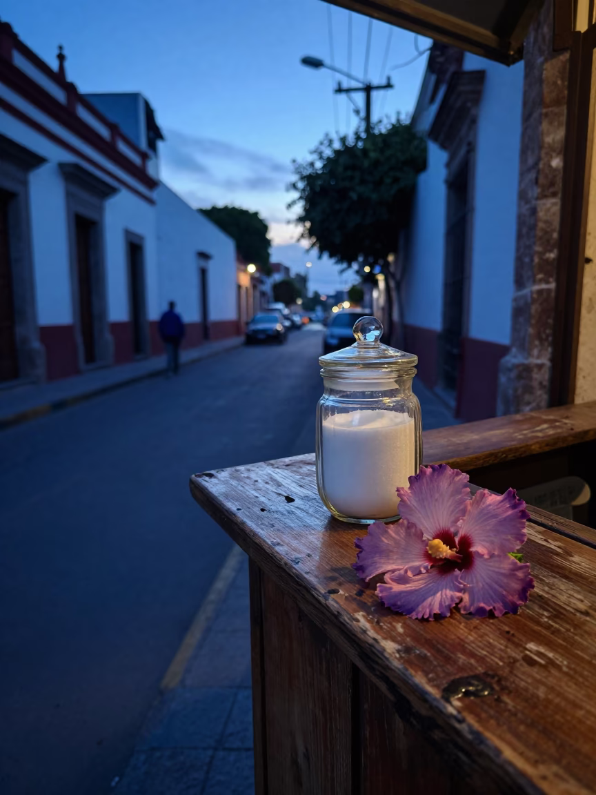Pre-Dawn Guadalajara Mexico Street Scene with Hibiscus Flower and Glass Sugar Jar in in Guadalajara, Mexico