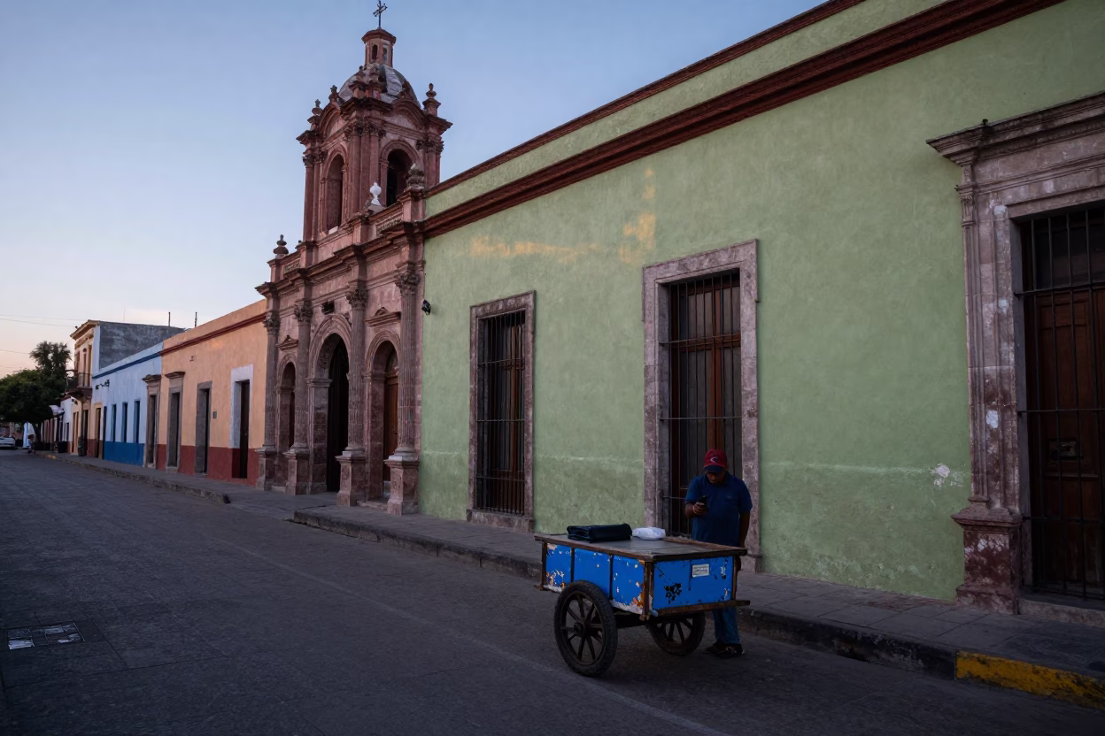 Pre-dawn Guadalajara street scene with chipped blue enamel and wrench on sidewalk in in Guadalajara, Mexico