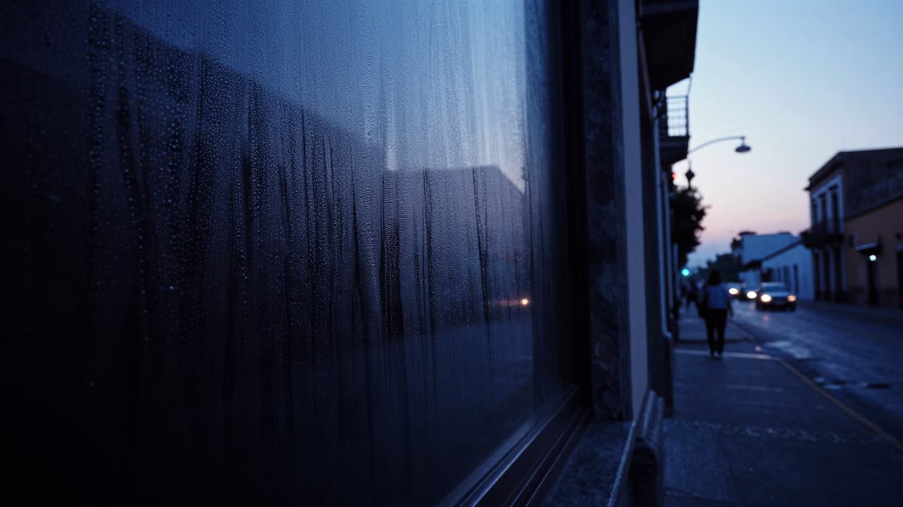 Pre-dawn Guadalajara street scene with condensation on window glass and early morning light in in Guadalajara, Mexico