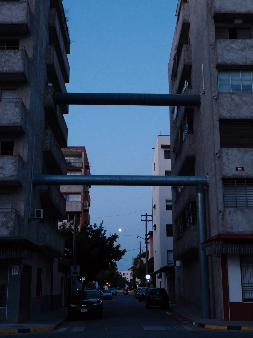 Pre-dawn Guadalajara Street Scene with District Heating Pipes and Concrete Apartment Blocks in in Guadalajara, Mexico