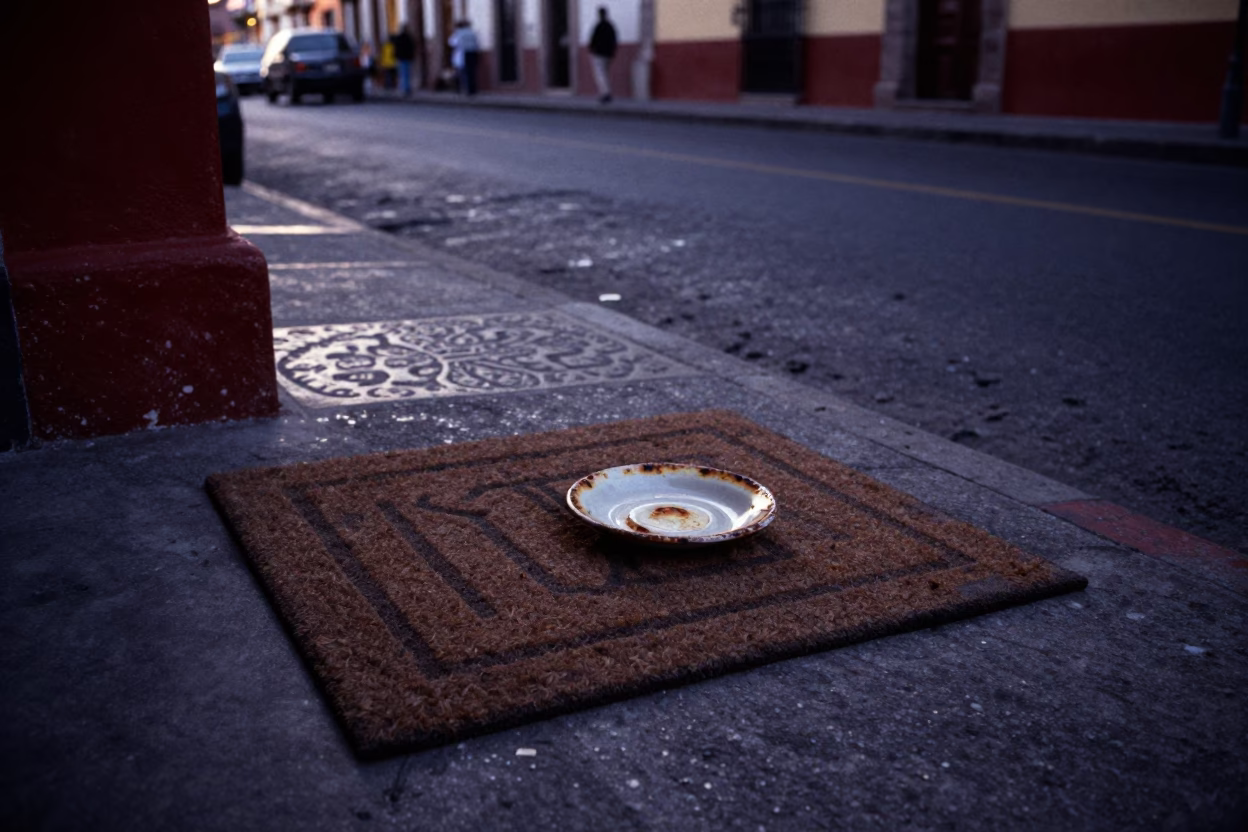 Pre-Dawn Guadalajara Street Scene with Doormat and Rusty Saucer Details in in Guadalajara, Mexico