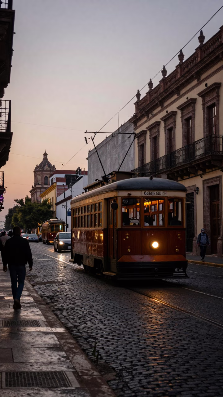Pre-dawn Guadalajara Street Scene with Heritage Tram and Cobblestone Avenue in in Guadalajara, Mexico