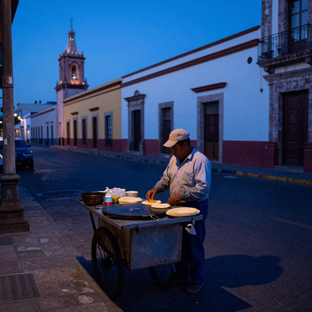 Pre-dawn Guadalajara street scene with local vendor and early morning light in in Guadalajara, Mexico