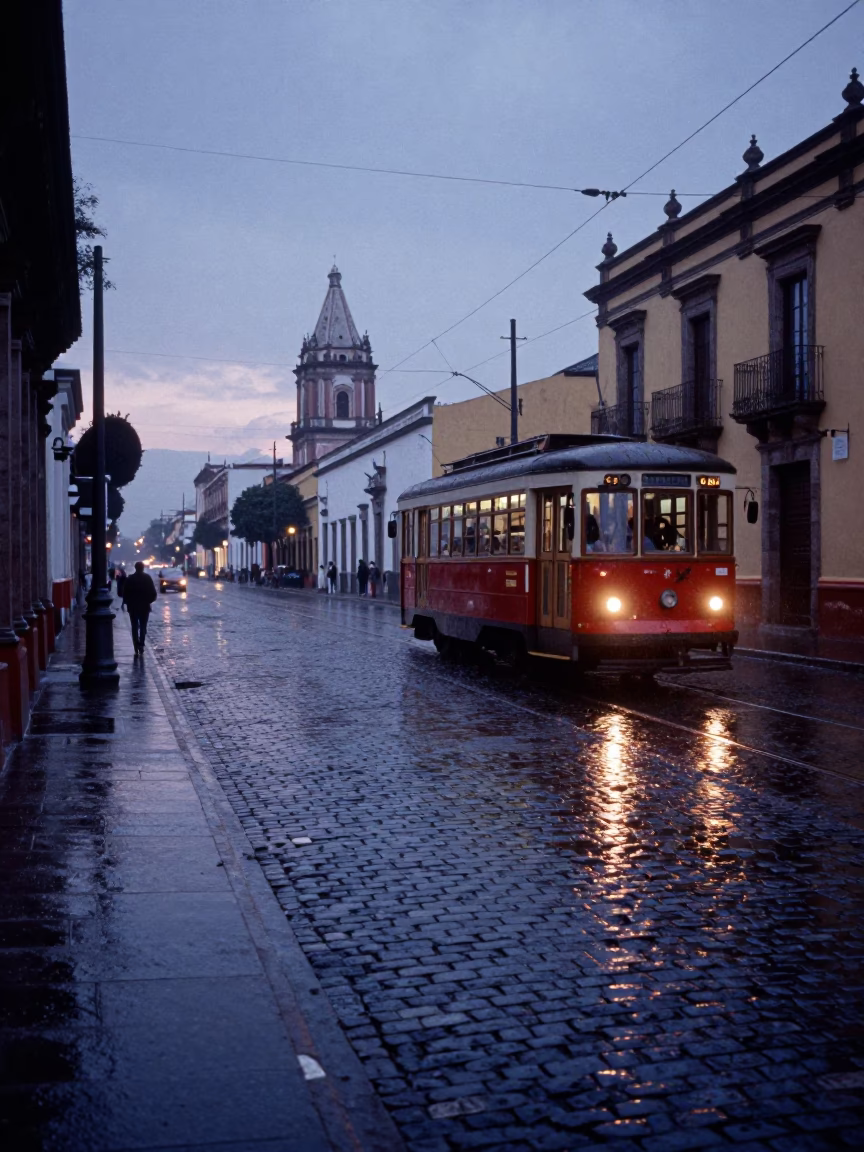 Pre-dawn Guadalajara street scene with rain-soaked cobblestones and tramcar reflection in in Guadalajara, Mexico