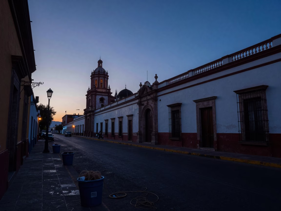 Pre-dawn Guadalajara Street Scene with Twine Fibers on Bucket Lip in in Guadalajara, Mexico