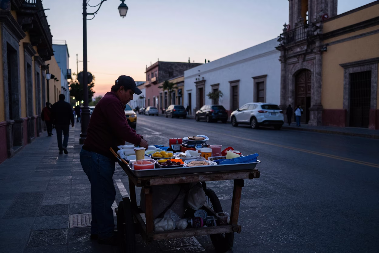 Pre-Dawn Guadalajara Street Scene with Vendor Tray and Urban Architecture in in Guadalajara, Mexico