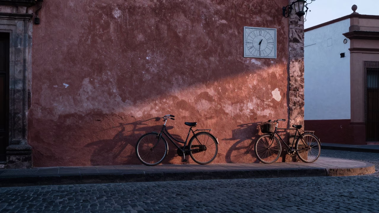 Pre-Dawn Guadalajara Street Scene with Vintage Bicycle and Sundial Shadow in in Guadalajara, Mexico