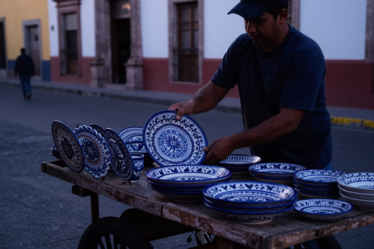 Pre-Dawn Guadalajara Street Scene with Vintage Italian Majolica Plate and Labrador Retriever in in Guadalajara, Mexico