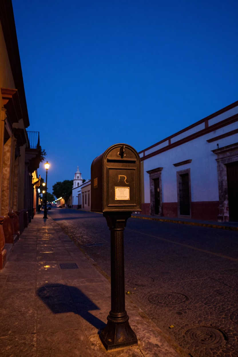 Pre-Dawn Guadalajara Street Scene with Vintage Mailbox and Quiet Neighborhood Horizon in in Guadalajara, Mexico