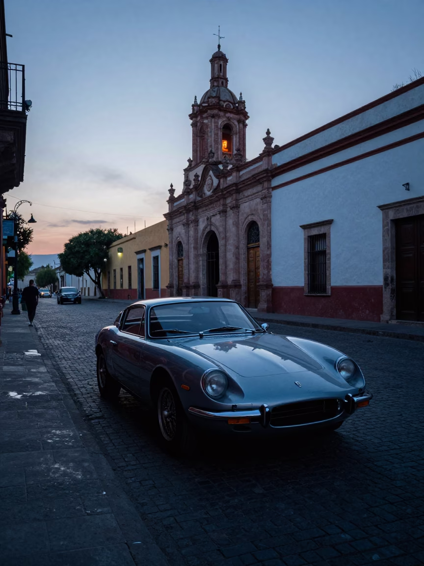 Pre-dawn Guadalajara Street Scene with Vintage Sports Car and Apron in in Guadalajara, Mexico