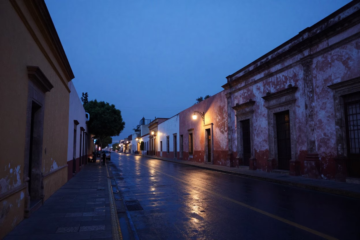 Pre-dawn Guadalajara Street Scene with Weathered Facades and Early Morning Activity in in Guadalajara, Mexico
