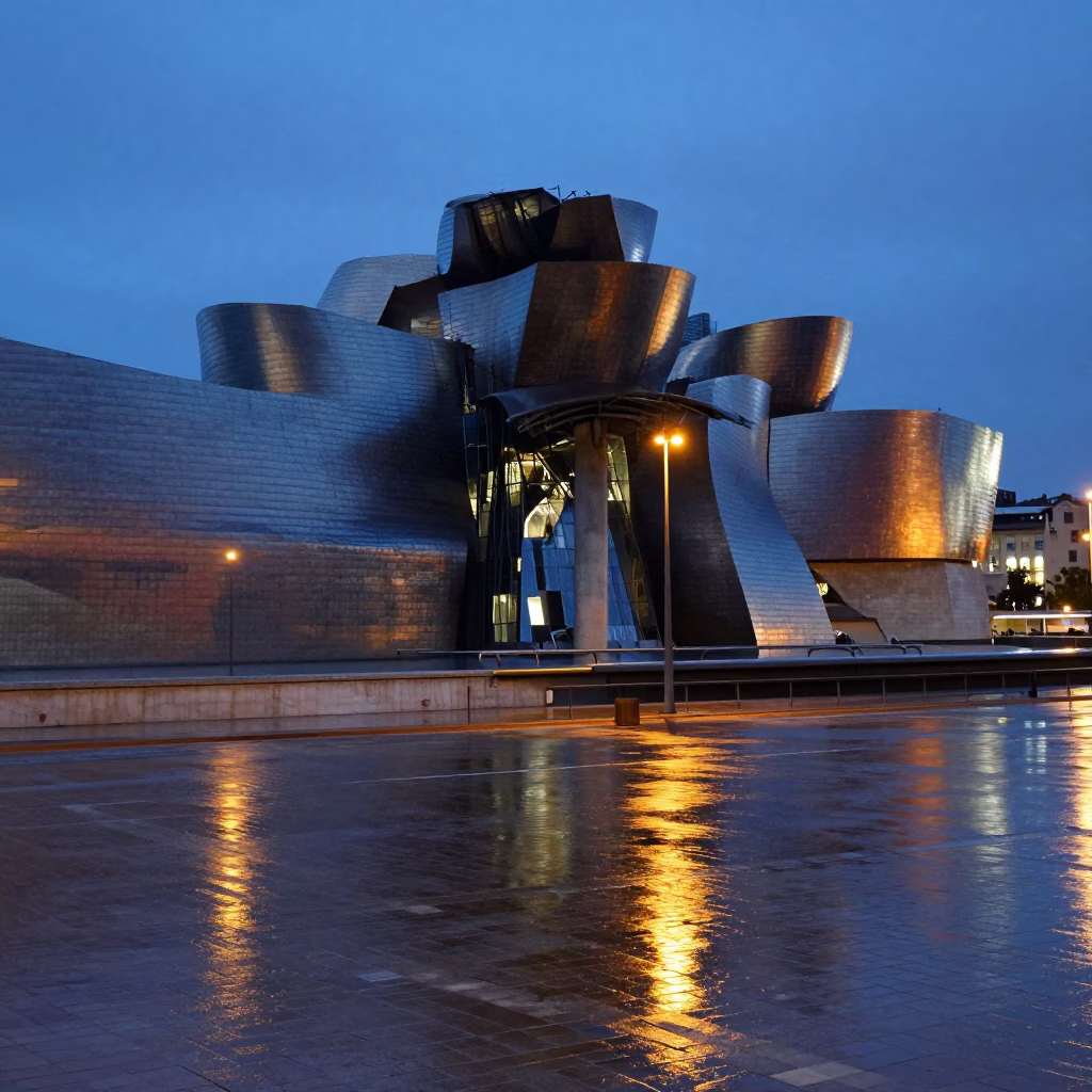 Pre-dawn Guggenheim Bilbao Reflections and Wet Street Lights in in Bilbao, Spain