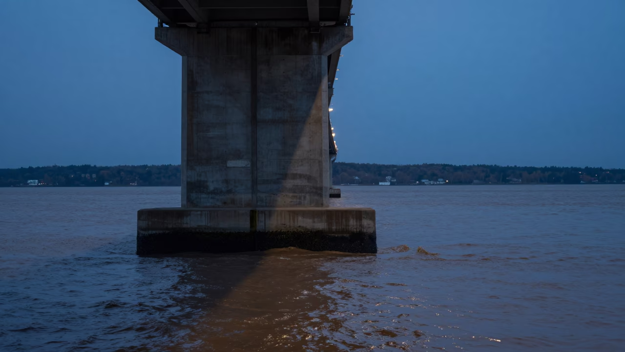 Pre-dawn Halifax Harbor Bridge Pier Cutwater Splitting Brown Water with Distant City Lights in in Halifax, Nova Scotia, Canada