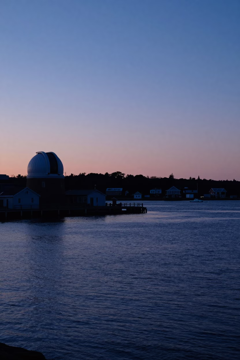 Pre-Dawn Halifax Harbour View with Observatory Dome Silhouette and Docked Sailboats in in Halifax, Nova Scotia, Canada