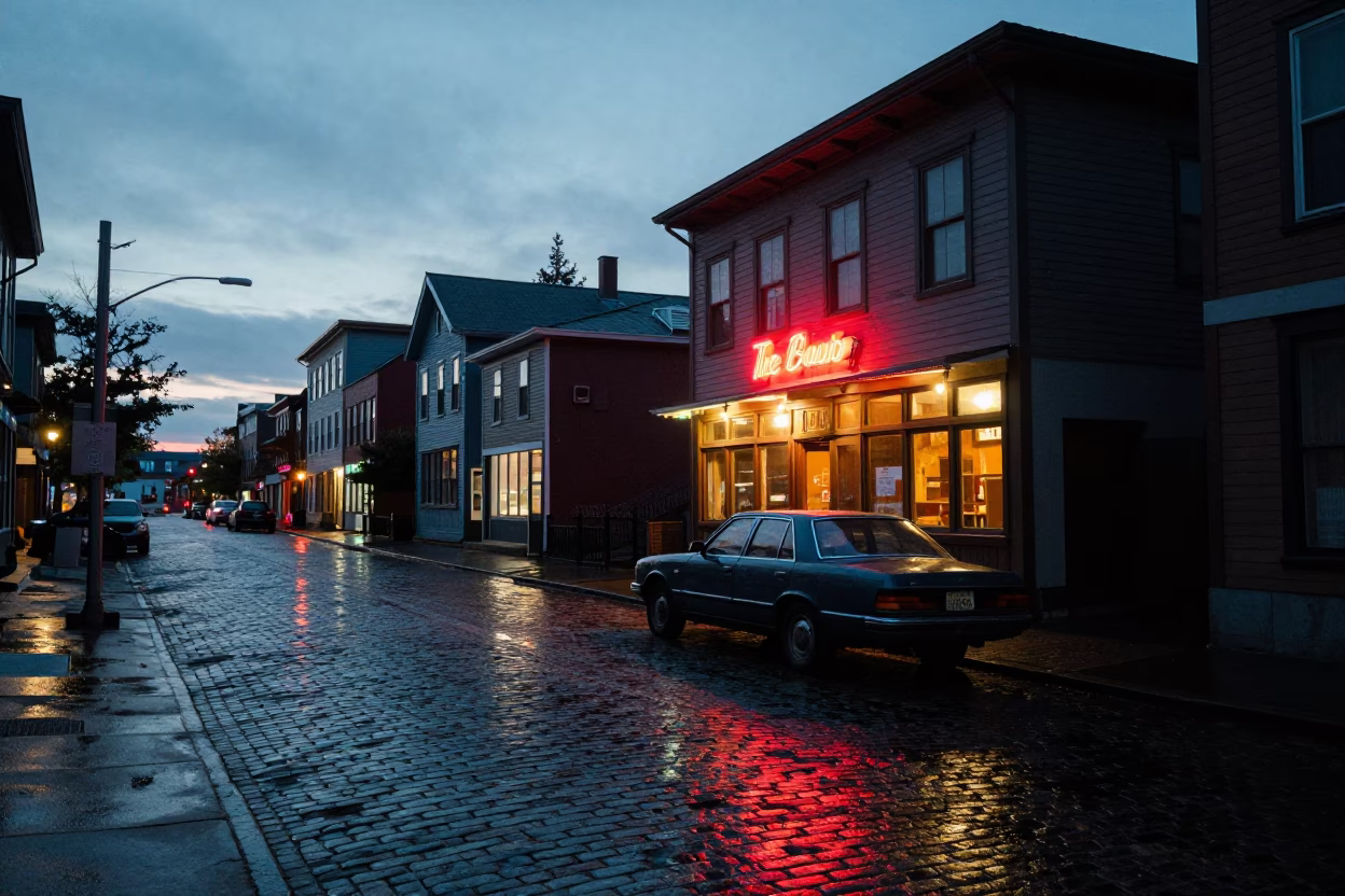 Pre-dawn Halifax Street Scene with Vintage Car and Neon Sign Reflections in in Halifax, Nova Scotia, Canada