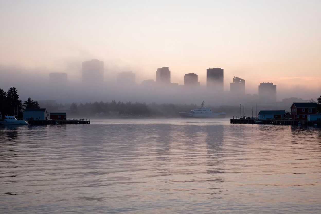 Pre-dawn Halifax waterfront with foggy harbor and distant city skyline before sunrise in in Halifax, Nova Scotia, Canada