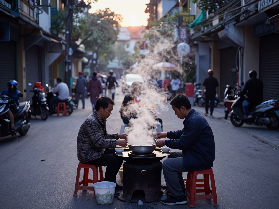 Pre-dawn Hanoi Street Breakfast Scene with Steam and Early Morning Activity in in Hanoi, Vietnam