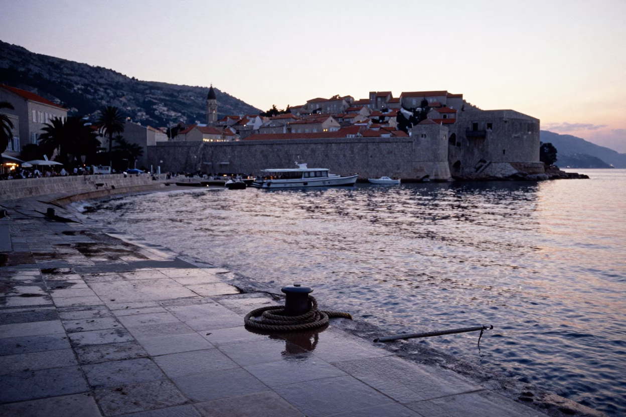 Pre-Dawn Harbor in Dubrovnik at Sunrise Light in in Dubrovnik, Croatia