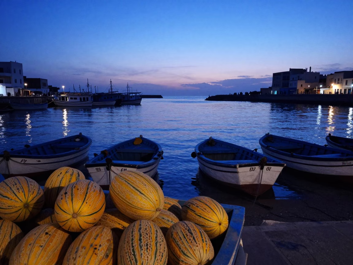 Pre-dawn Harbor in Essaouira Morocco with Melons and Fishing Boats in in Essaouira, Morocco