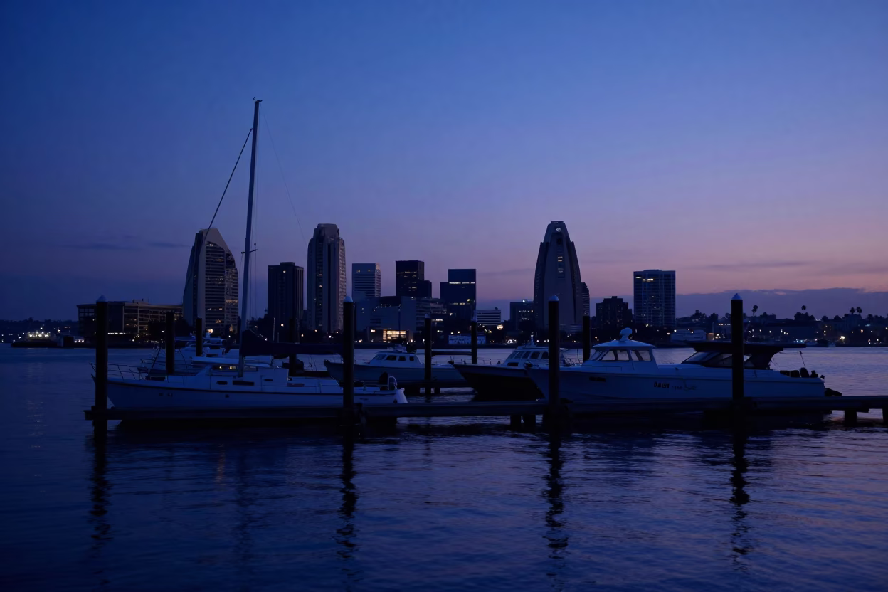 Pre-dawn Harbor in San Diego at Sunrise Light in in San Diego, California, United States