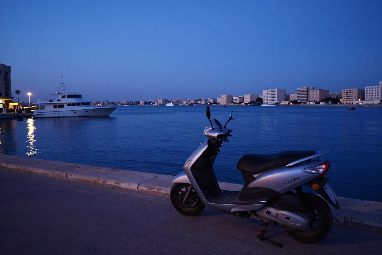 Pre-dawn harbor promenade in Alexandria Egypt with parked scooter and morning stillness in in Alexandria, Egypt