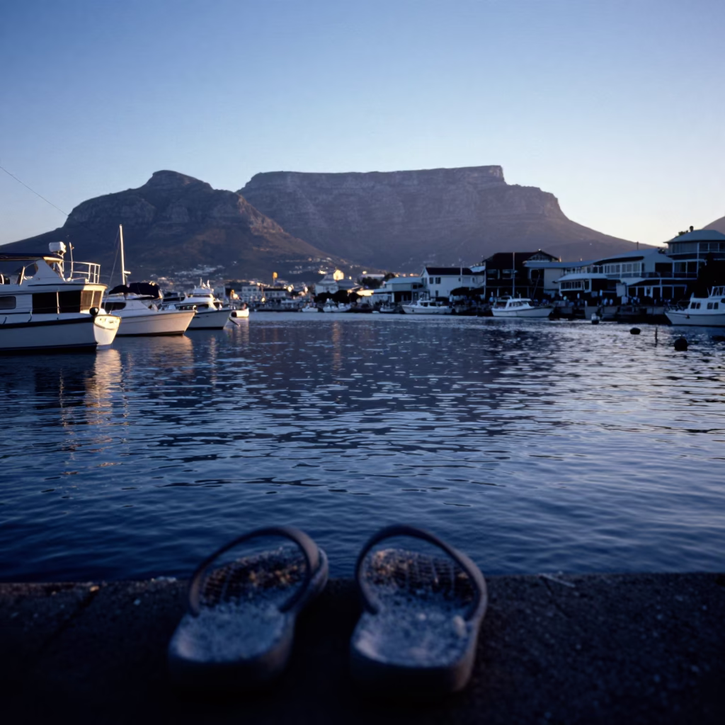 Pre-dawn harbor scene Cape Town Table Mountain slippers soap residue in in Cape Town, South Africa