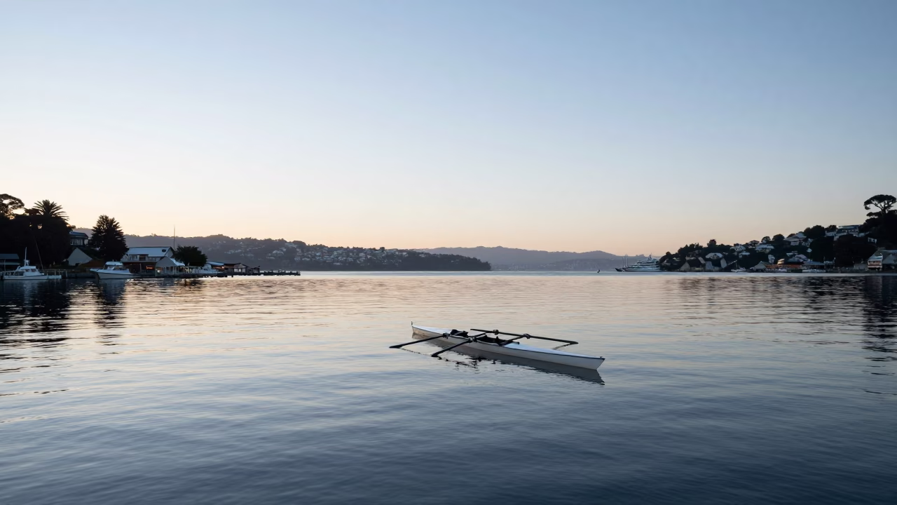 Pre-dawn harbor stillness in Wellington New Zealand with rowing shell on calm water in in Wellington, New Zealand