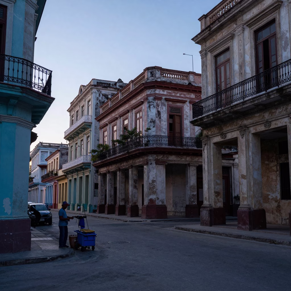 Pre-dawn Havana street scene with colonial architecture and early morning commerce in in Havana, Cuba