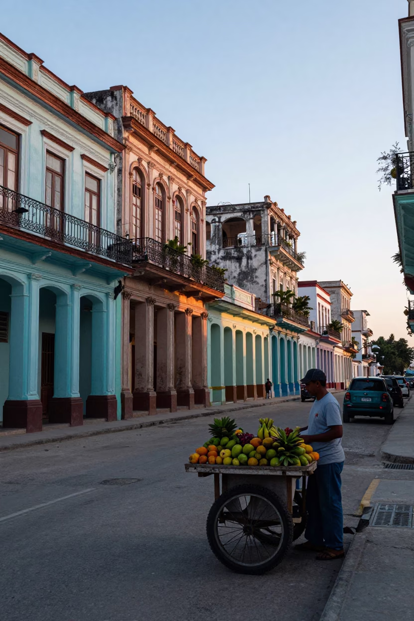 Pre-dawn Havana street scene with colonial architecture and local morning routine in in Havana, Cuba