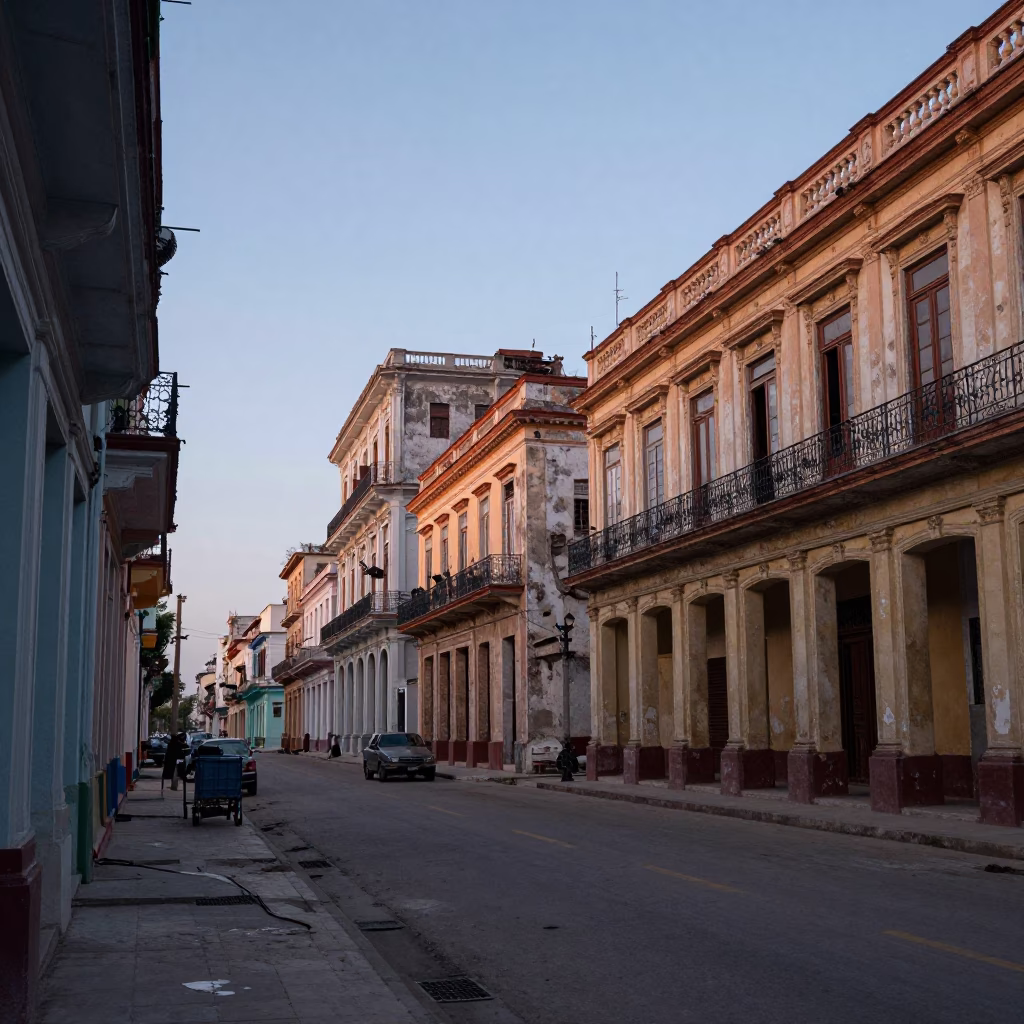 Pre-dawn Havana street scene with colonial architecture and morning light in in Havana, Cuba