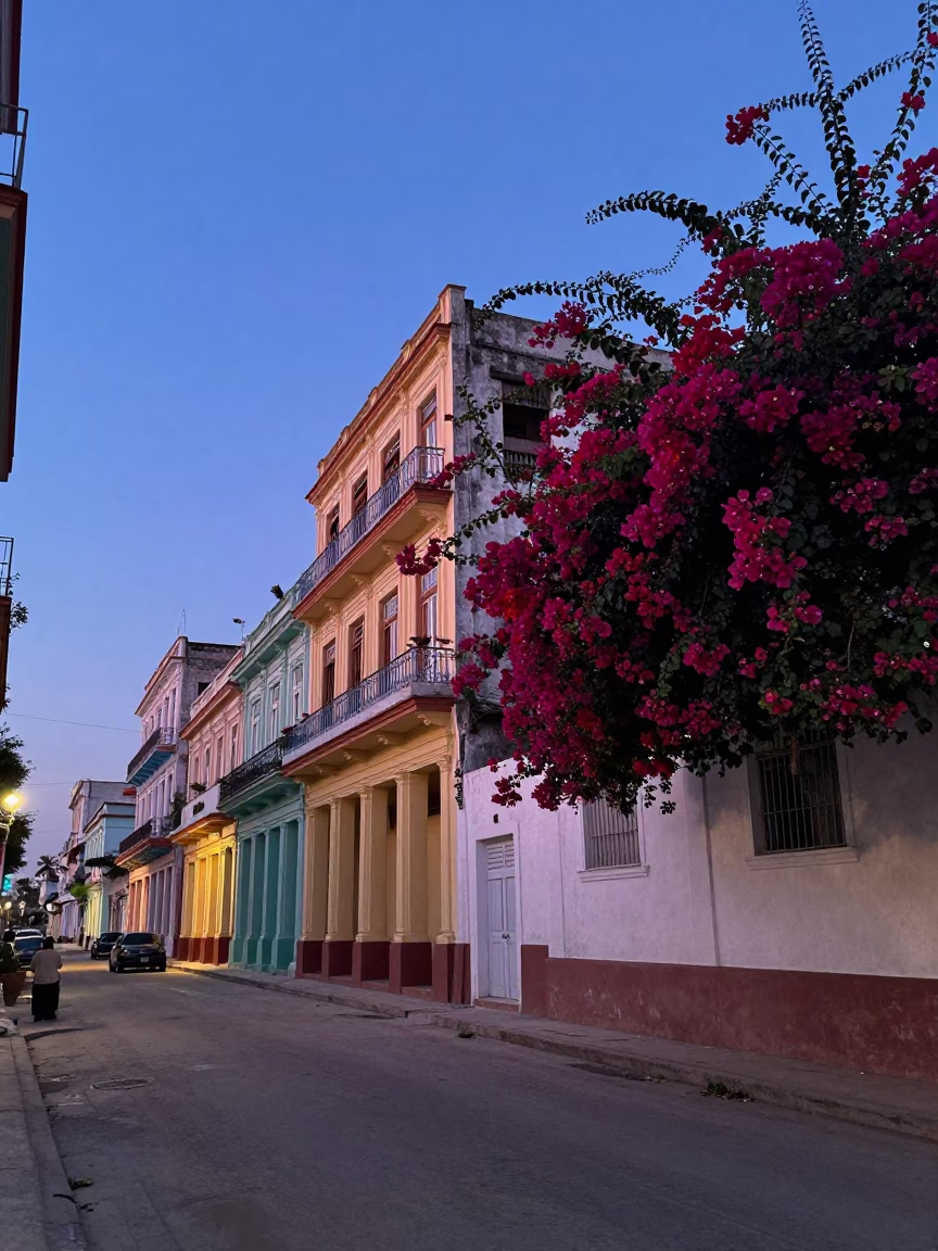 Pre-dawn Havana street scene with colorful colonial architecture and bougainvillea in in Havana, Cuba